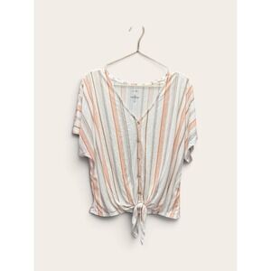Just Be Women Orange Grey Striped V-Neck Tie Front Faux Button Top Large NWT